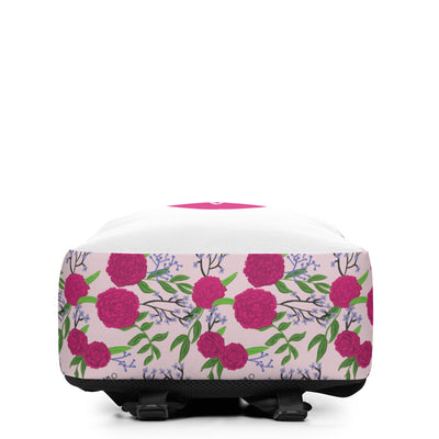 Phi Mu Motto Backpack showing carnation floral print on bottom of bag