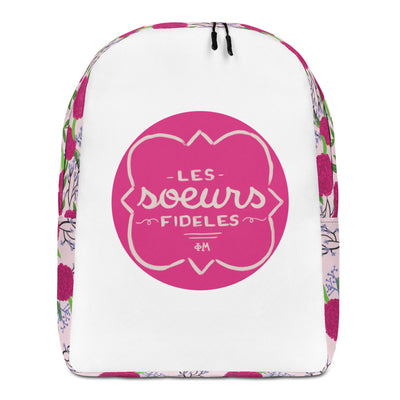 Phi Mu Motto Backpack showing hand drawn design on front