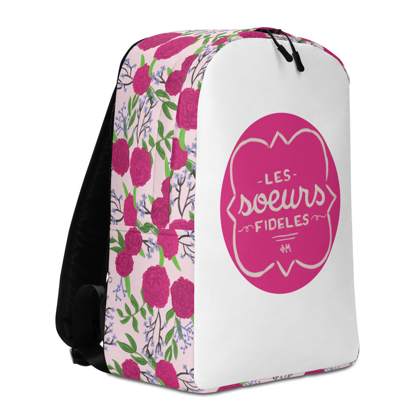 Phi Mu Motto Backpack showing side view and hand drawn Les Soeurs design