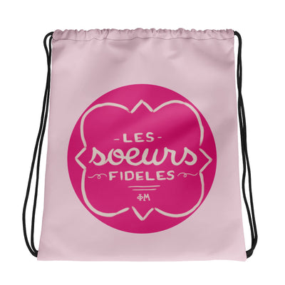 Phi Mu Motto Pink Drawstring Bag shown laying flat showing hand-drawn design