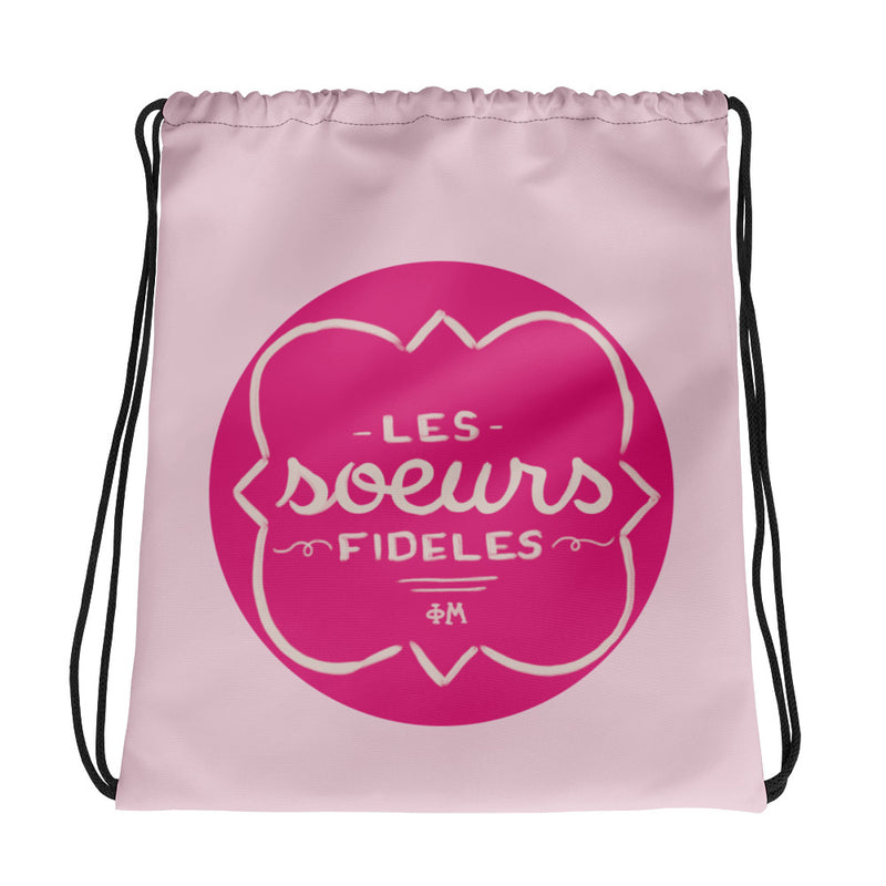 Phi Mu Motto Pink Drawstring Bag shown laying flat showing hand-drawn design