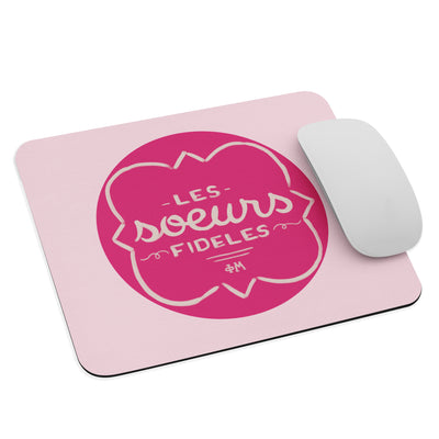 Phi Mu Motto Mouse Pad in light pink with hand-drawn print shown with mouse