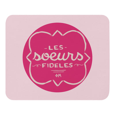 Phi Mu Motto Mouse Pad in pink with hand-drawn Les Soeurs Fideles design