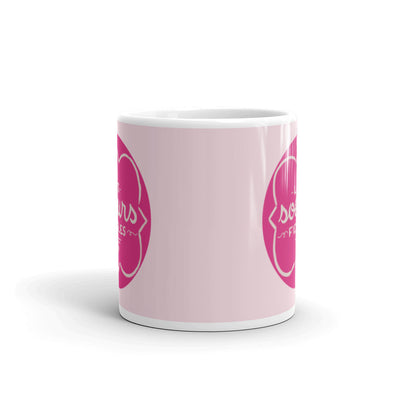 Phi Mu Motto Pink Mug showing design printed on both sides of mug 