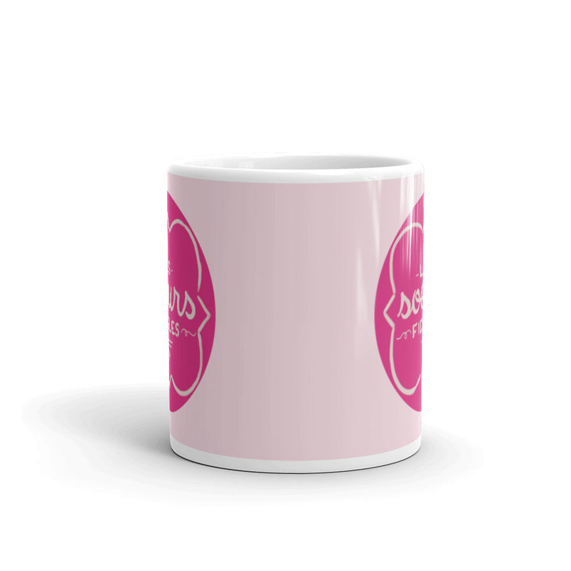 Phi Mu Motto Pink Mug showing design printed on both sides of mug 