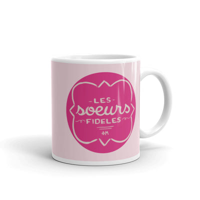 Phi Mu Motto Pink Mug in 11 oz size shown in full view with handle on right
