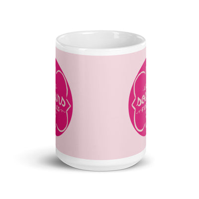 Phi Mu Motto Pink Mug showing design printed on both sides 