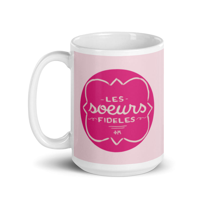Phi Mu Motto Pink Mug in 15 oz size with hand drawn design on both sides of mug