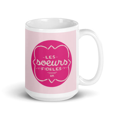 Phi Mu Motto Pink Mug in 15 oz size with handle on right