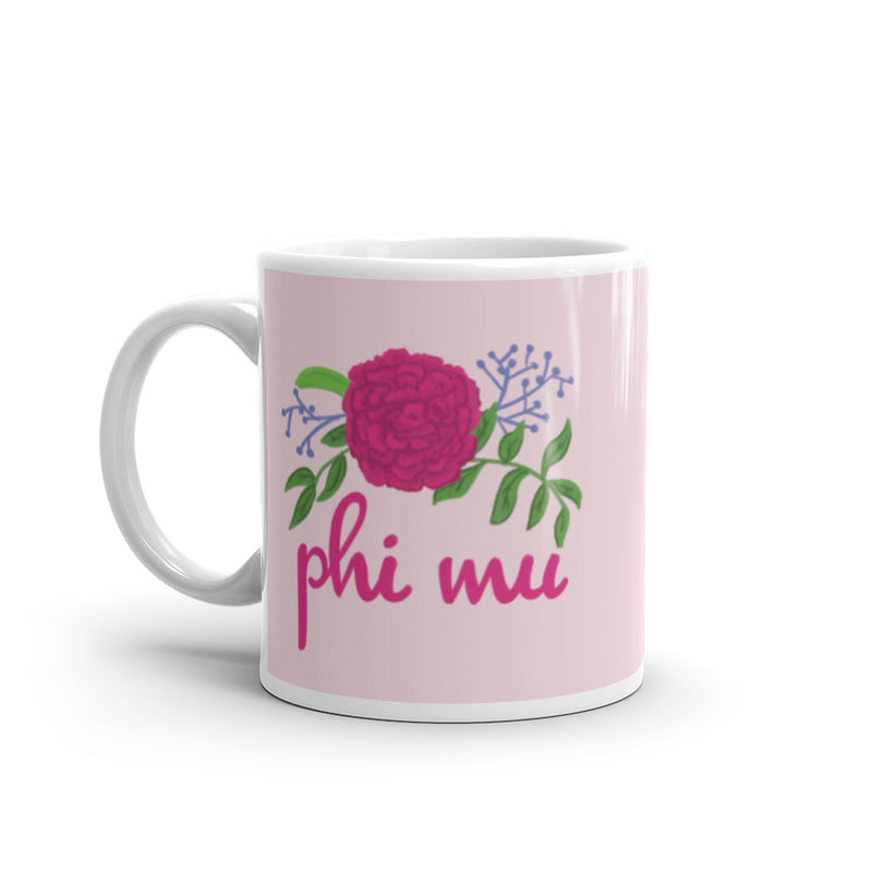 Phi Mu Mug showing hand drawn design on front with handle on left
