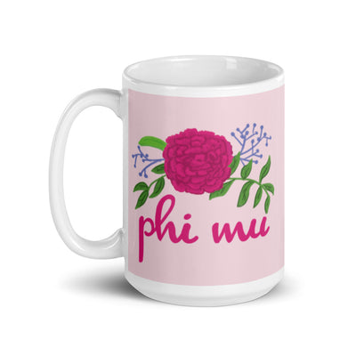 Phi Mu Mug in 15 oz size in pink with rose colored carnation design