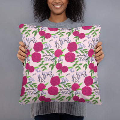 Back of Phi Mu 1852 Reversible Pillow showing rose-colored carnation floral print