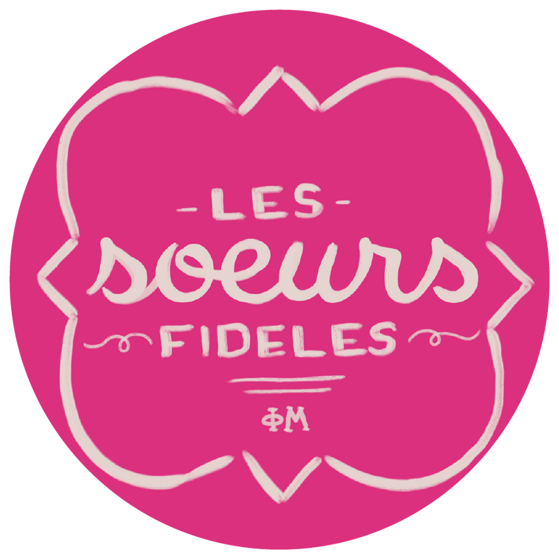 Phi Mu sorority sticker shown with hand-drawn Les Soeurs Fideles design