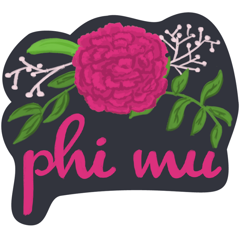 Phi Mu Sorority Stickers showing hand drawn pink carnation design