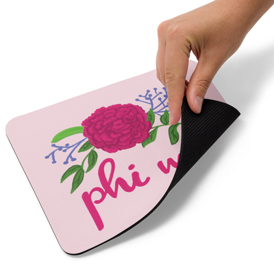 Phi Mu Sorority Mouse Pad showing carnation design and rubber backing