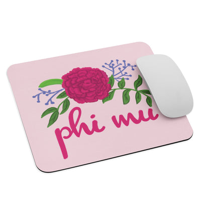 Phi Mu Carnation Sorority Mouse Pad shown with mouse