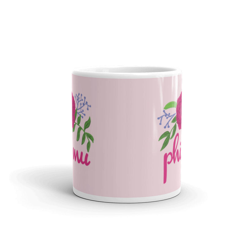 Phi Mu Carnation Sorority mug showing carnation design printed on both sides