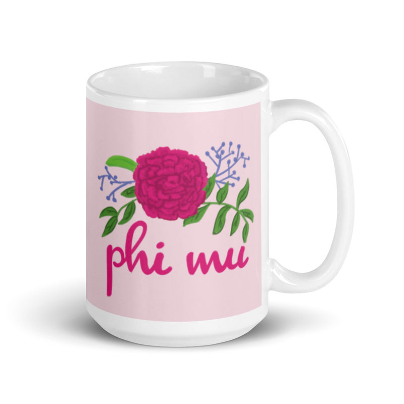 Phi Mu Sorority Mug in 15 oz size in pink with handle on right
