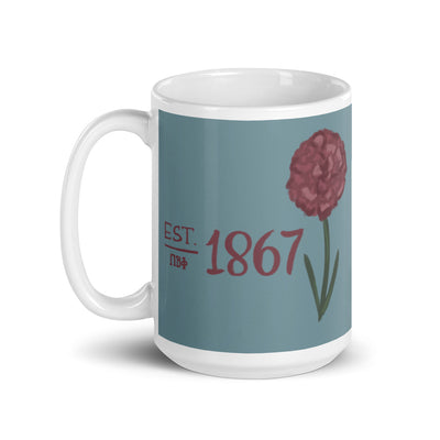 Pi Beta Phi 1867 Mug in 15 oz size with handle on left in silvery blue