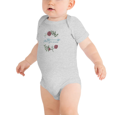 Pi Beta Phi motto baby onesie shown in gray with Pi Phi motto on front of baby model
