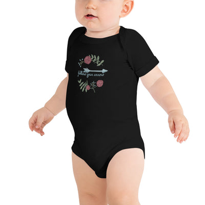 Pi Beta Phi motto baby onesie shown in black with Pi Phi motto on front of baby model