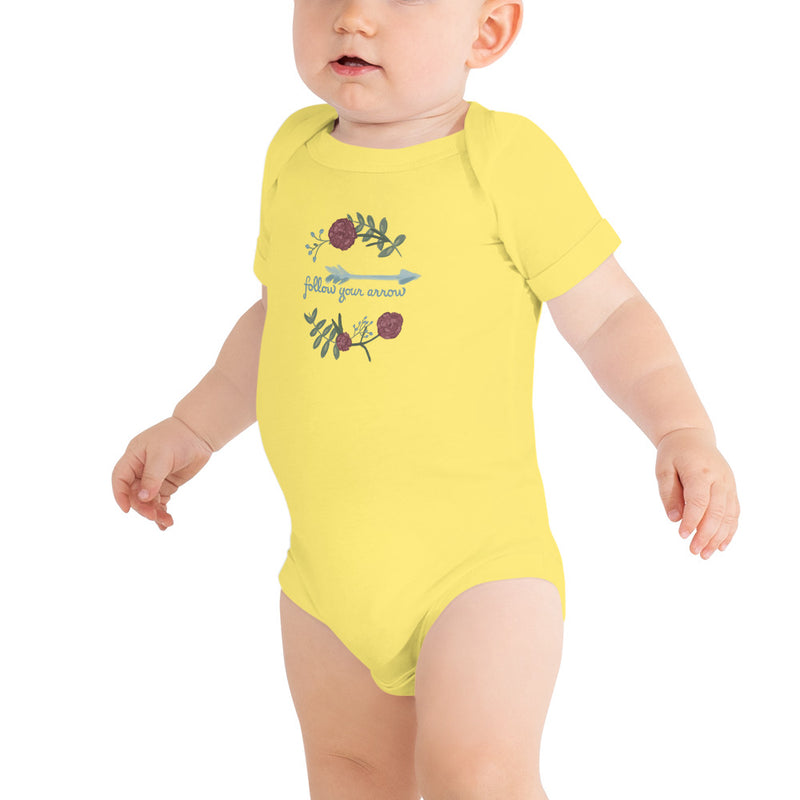 Pi Beta Phi motto baby onesie shown in yellow with Pi Phi motto on front of baby model