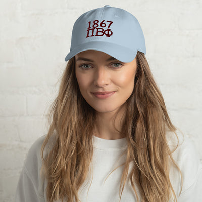 Pi Beta Phi Embroidered Dad Hat in light blue with wine colored embroidery