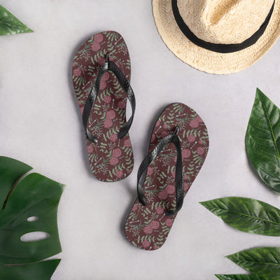 Pi Beta Phi Carnation Floral Flip-Flops in lifestyle setting in wine floral print