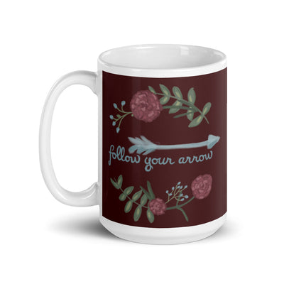 Pi Beta Phi Follow Your Arrow Mug in 15 oz size with handle on left in wine color