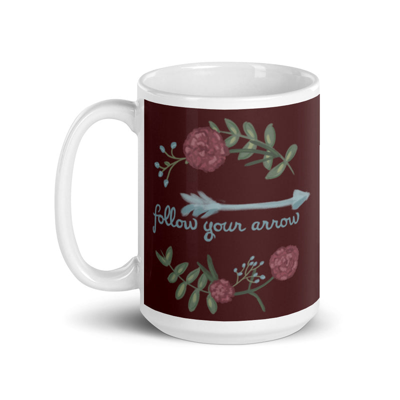 Pi Beta Phi Follow Your Arrow Mug in 15 oz size with handle on left in wine color