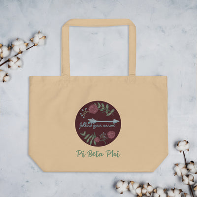Pi Beta Phi Follow Your Arrow Large Organic Tote Bag in natural oyster shown flat