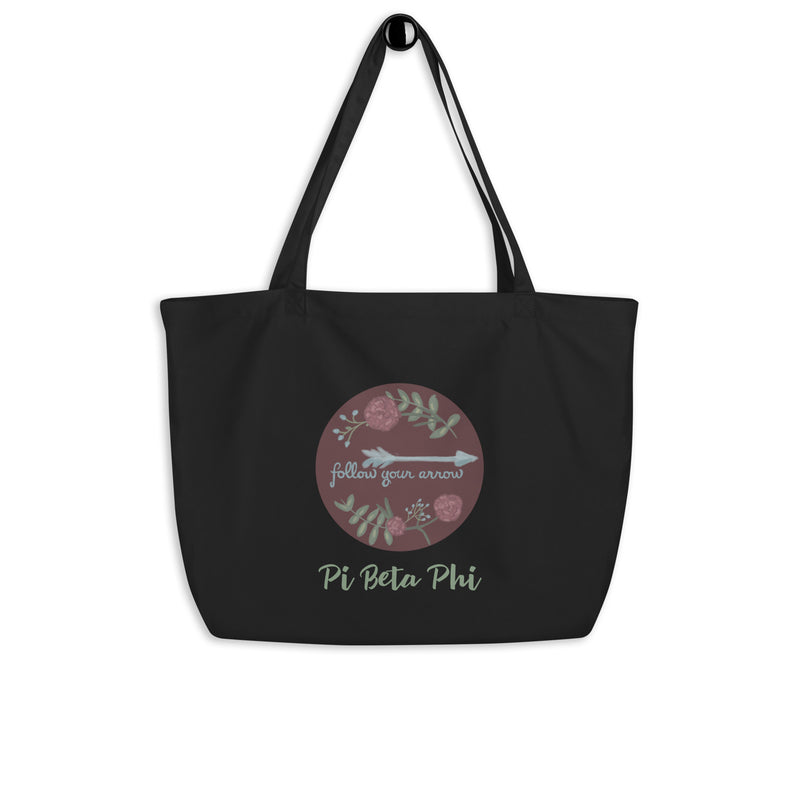 Pi Beta Phi Follow Your Arrow Large Organic Tote Bag in black on hook