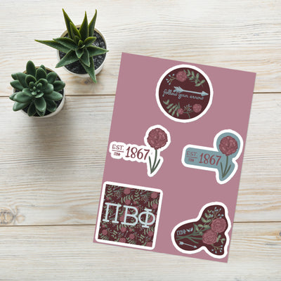 Pi Beta Phi Sorority Sticker Sheet showing all 5 unique Pi Phi designs in lifestyle setting