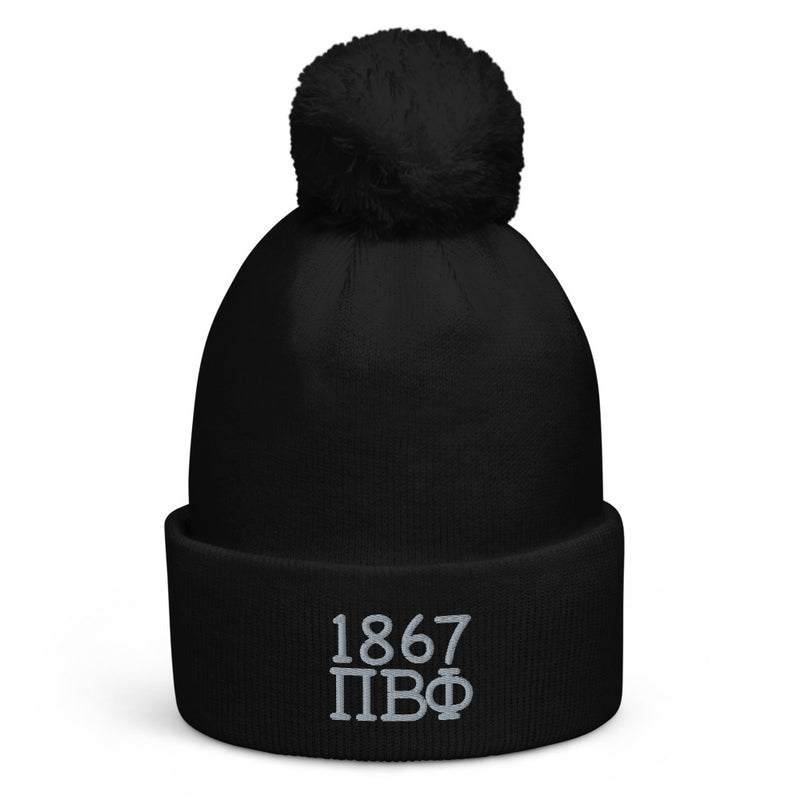 Pi Beta Phi 1867 Founding Year Pom Pom Beanie in black with silver embroidery