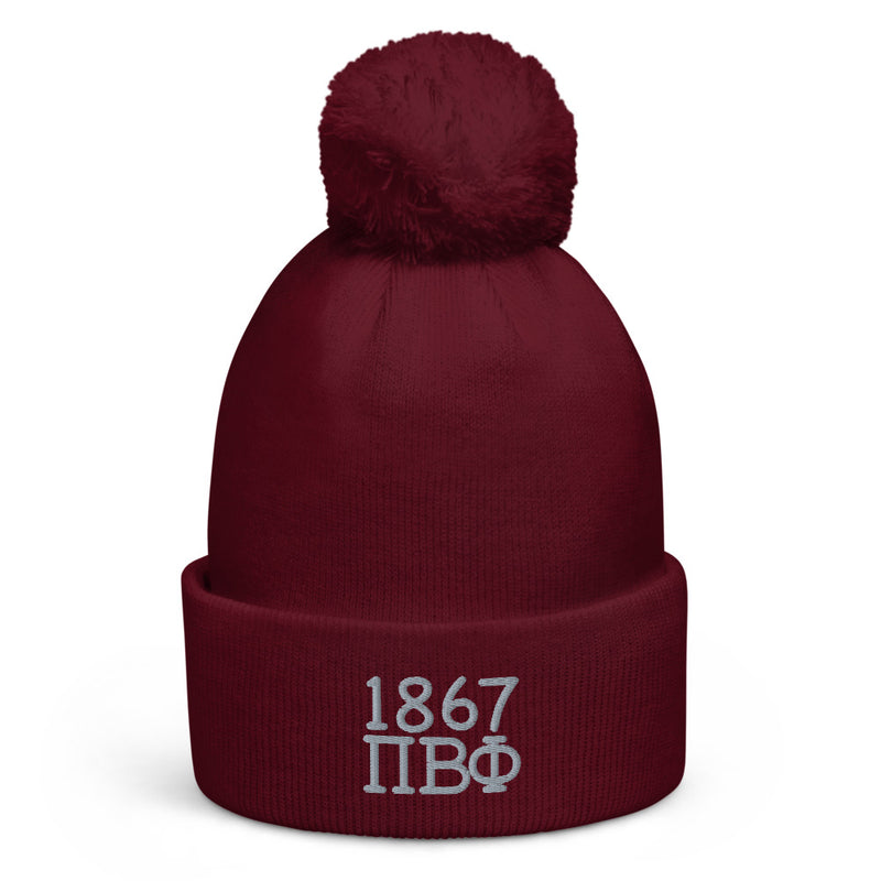 Pi Beta Phi 1867 Founding Year Pom Pom Beanie showing silver embroidery on front