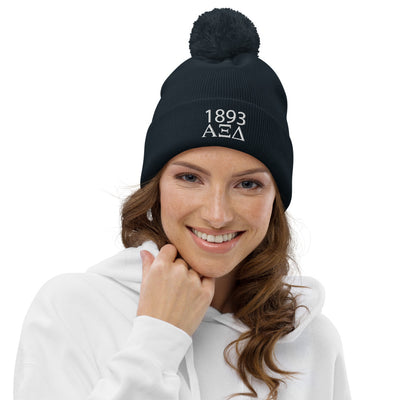 Alpha Xi Delta 1893 Founding Year Pom Pom Beanie in french Navy blue with white embroidery