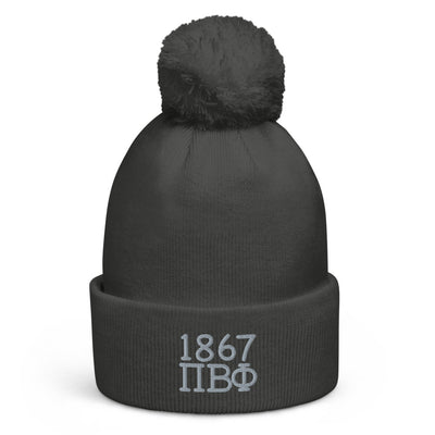 Pi Beta Phi 1867 Founding Year Pom Pom Beanie in gray showing silver embroidery