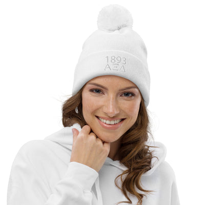 Alpha Xi Delta 1893 Founding Year Pom Pom Beanie in white with silver embroidery