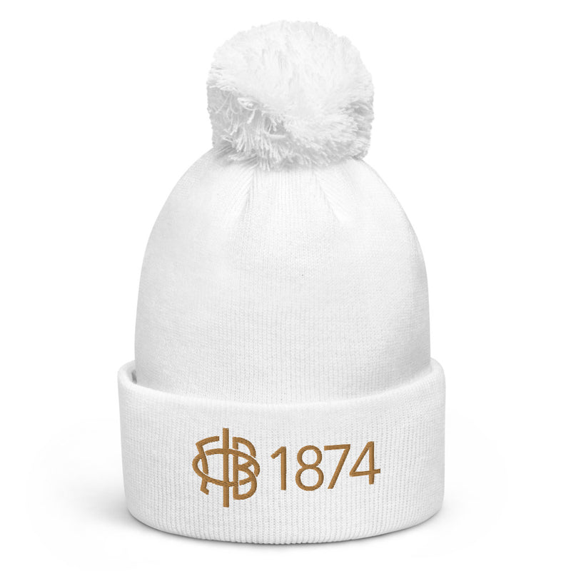 Gamma Phi Beta Founding Year 1874 Pom Pom Beanie showing 1874 and Official Logo