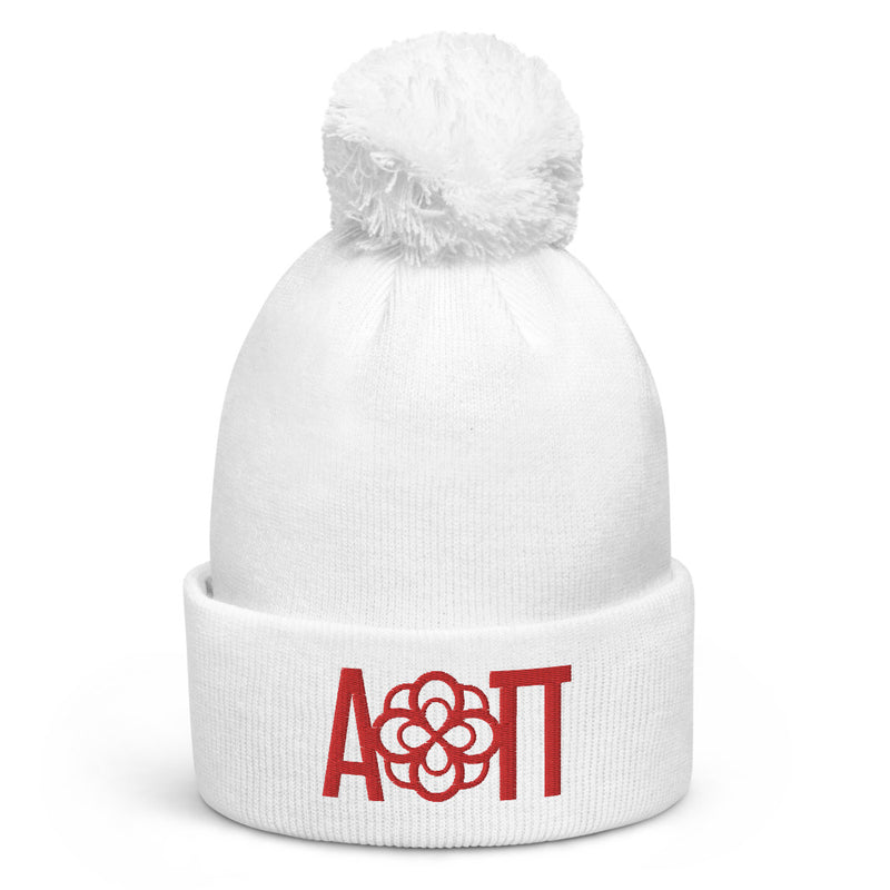 Alpha Omicron Pi Infinity Rose Pom Pom Beanie in white showing front of beanie