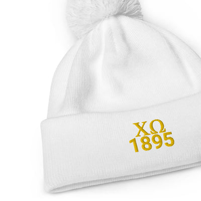 Chi Omega Founding Year 1895 Pom Pom Beanie in white close up