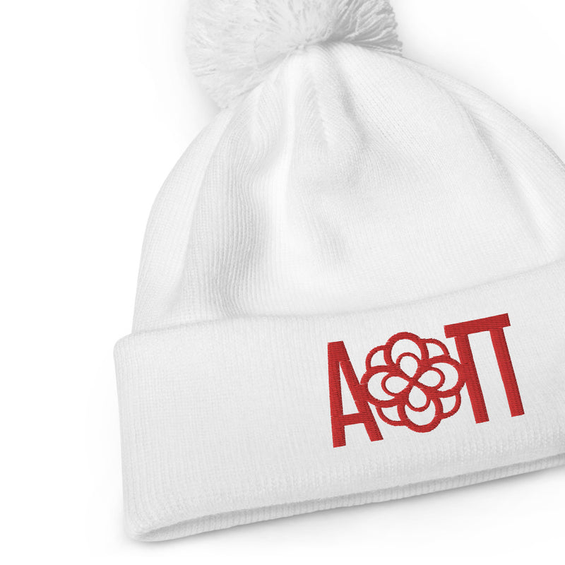 Alpha Omicron Pi Infinity Rose Pom Pom Beanie in product detail in white
