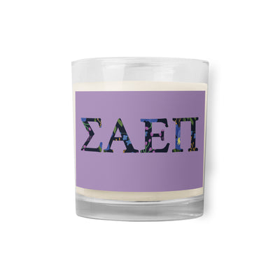 Sigma Alpha Epsilon Pi Greek Letters Glass Candle with design on one side of candle
