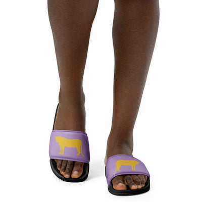 SAEPi Lioness Mascot Women's Slides shown on walking feet