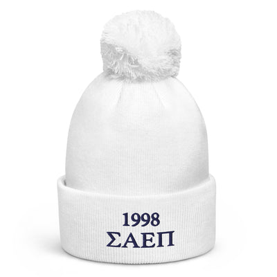 Sigma Alpha Epsilon Pi embroidered pom pom beanie in white shown in full view