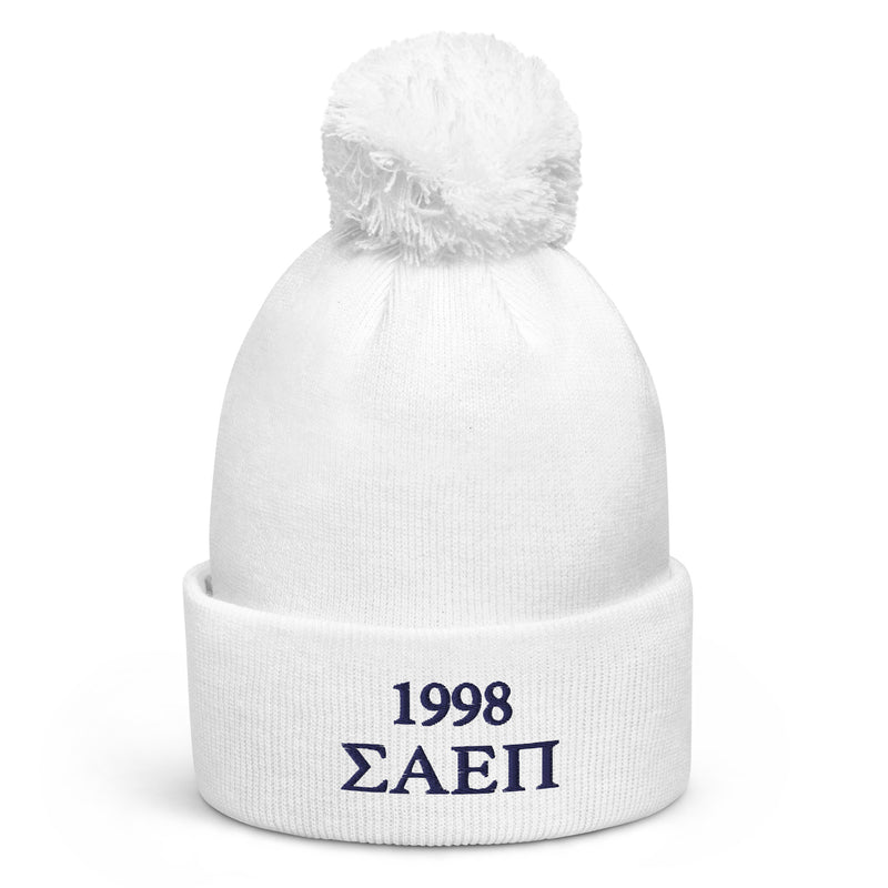 Sigma Alpha Epsilon Pi embroidered pom pom beanie in white shown in full view