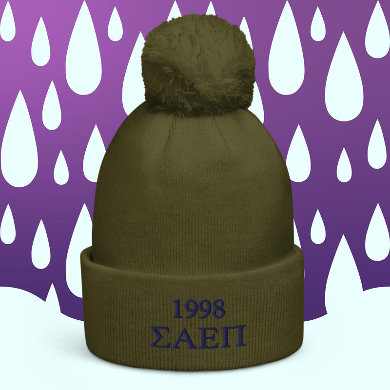 Sigma Alpha Epsilon Pi embroidered pom pom beanie in moss green shown in full view