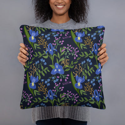 Floral print on back of Sigma Alpha Epsilon Pi Lioness Pillow in model's hands