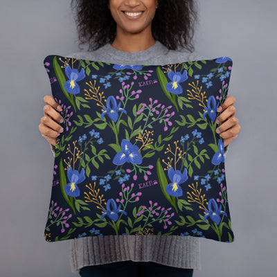 Sigma Alpha Epsilon Pi Lioness Pillow showing floral print on back in model's hands