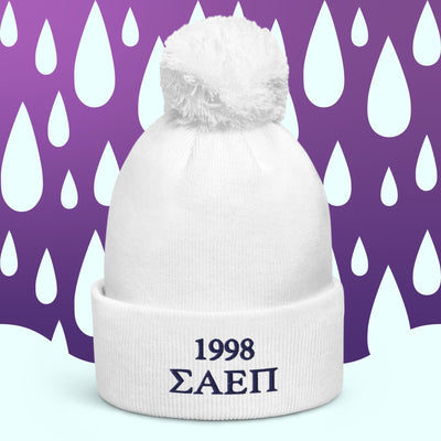 Sigma Alpha Epsilon Pi embroidered pom pom beanie in white